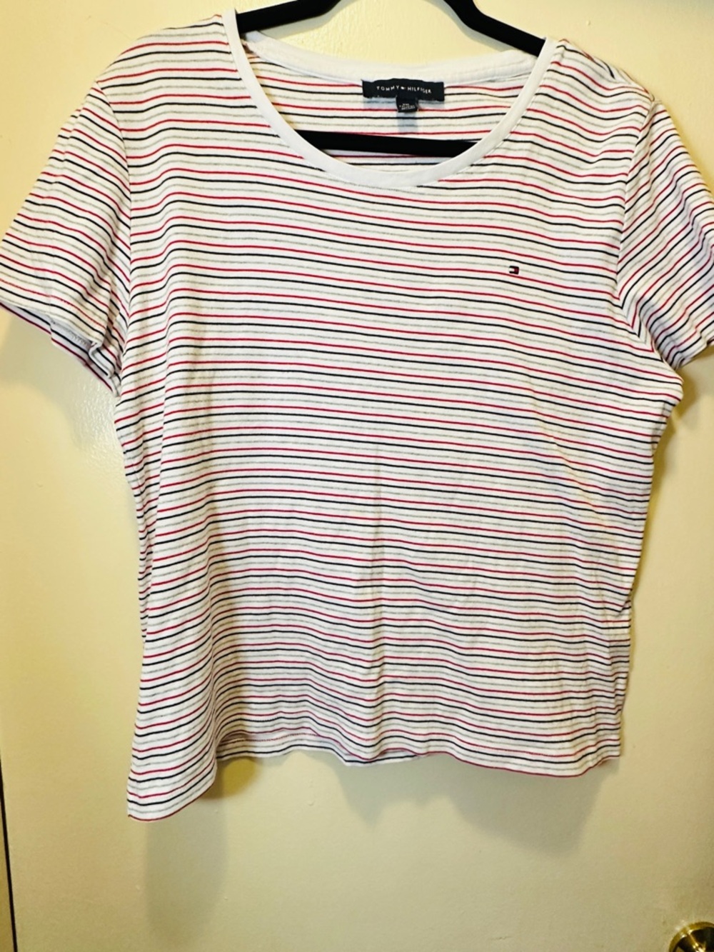 Tommy Hilfiger White Crewneck Tee with Red & Navy Stripes